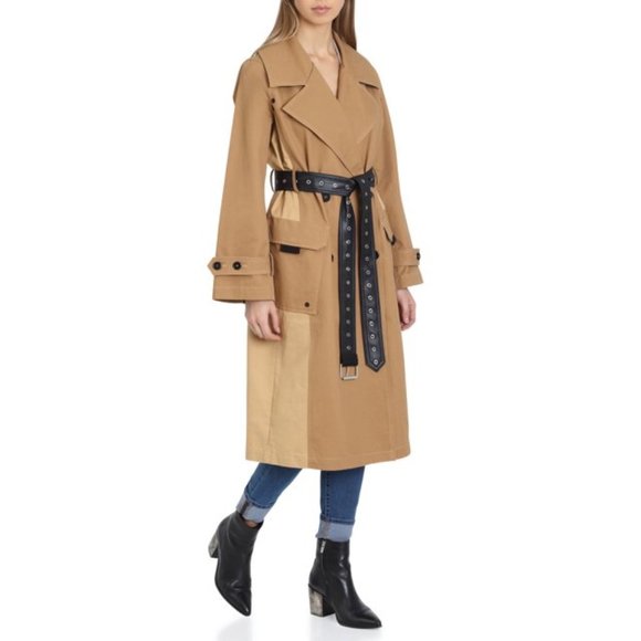 Avec Les Filles Color-Blocked Cotton Trench Coat w/ Leather Belt
